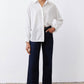Dark ocean wash palazzo jeans, wide-leg drape with straight hems