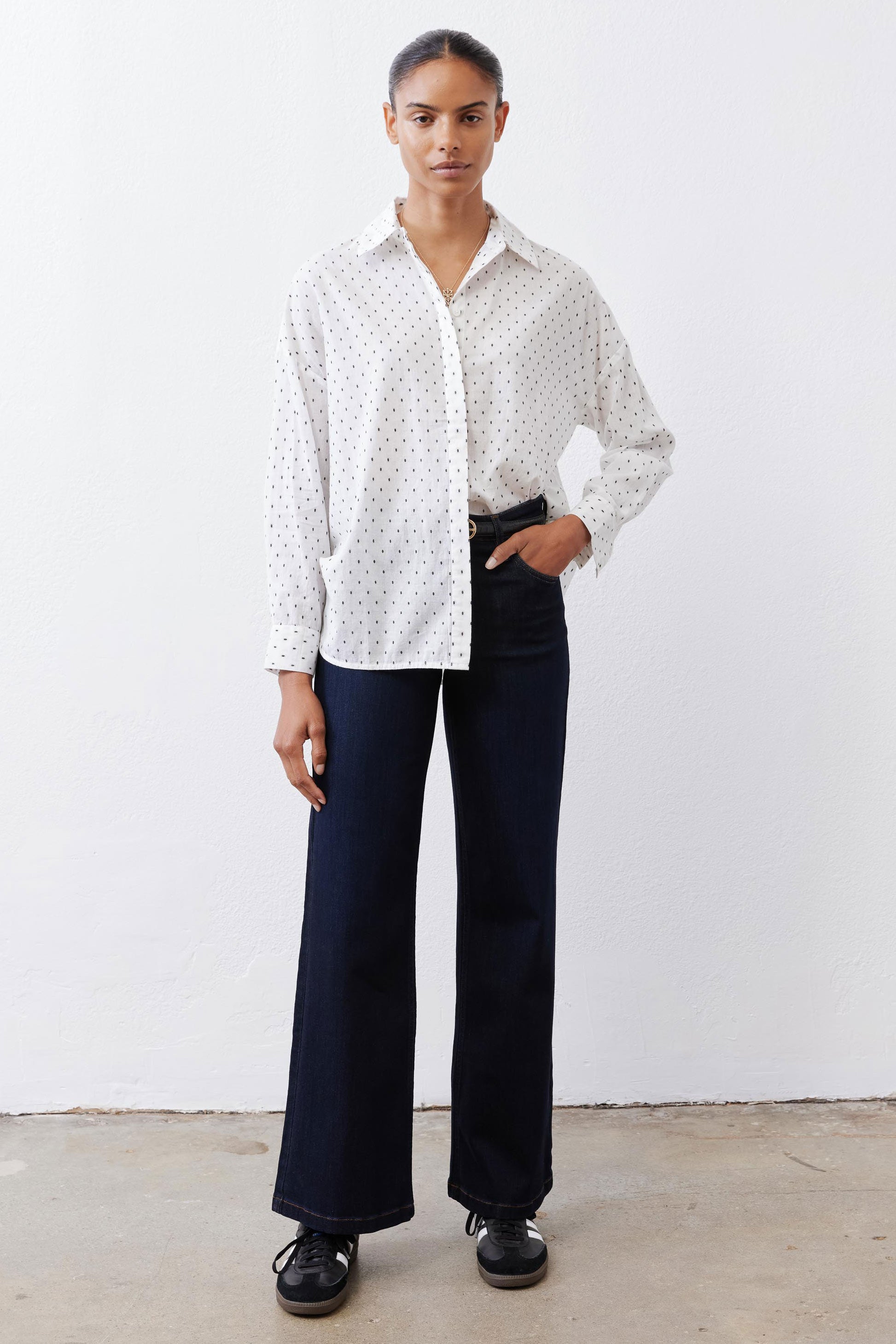 Dark ocean wash palazzo jeans, wide-leg drape with straight hems