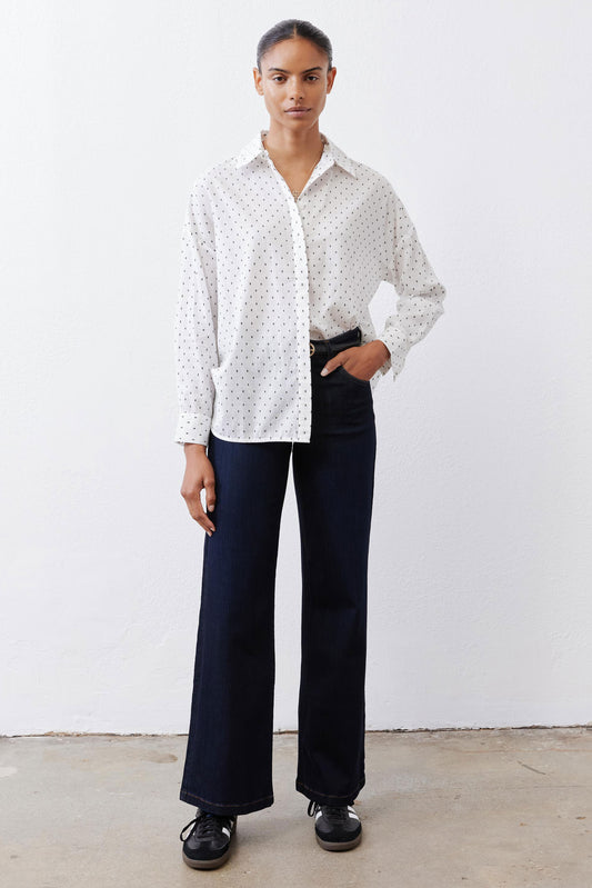 Dark ocean wash palazzo jeans, wide-leg drape with straight hems
