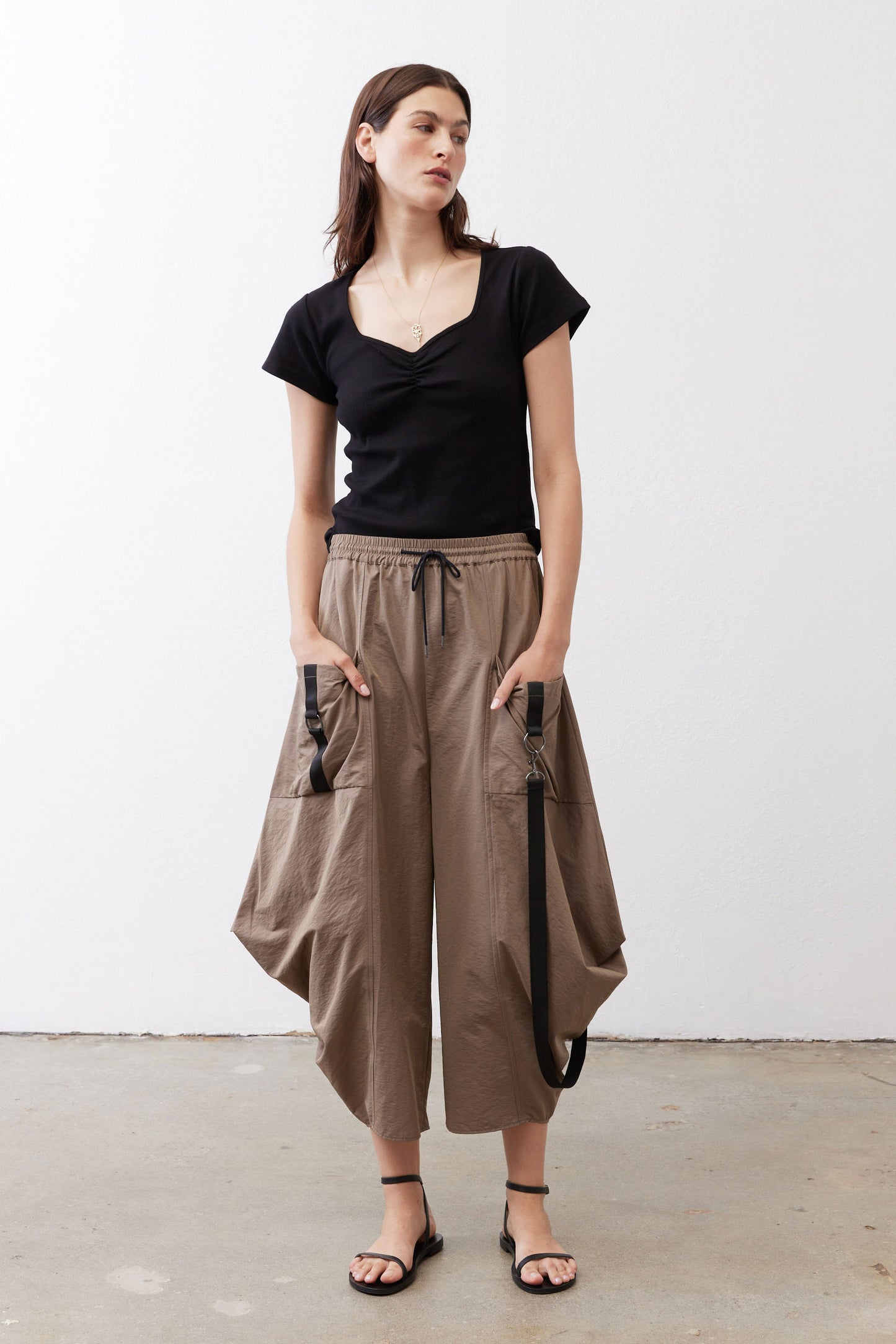 Black square-neck short-sleeve top with ruched front detail