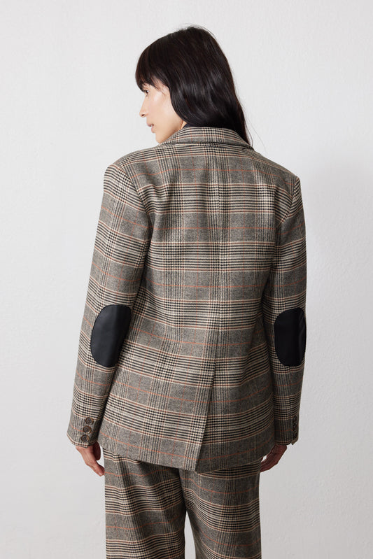 Brown plaid blazer with black elbow patches, back view