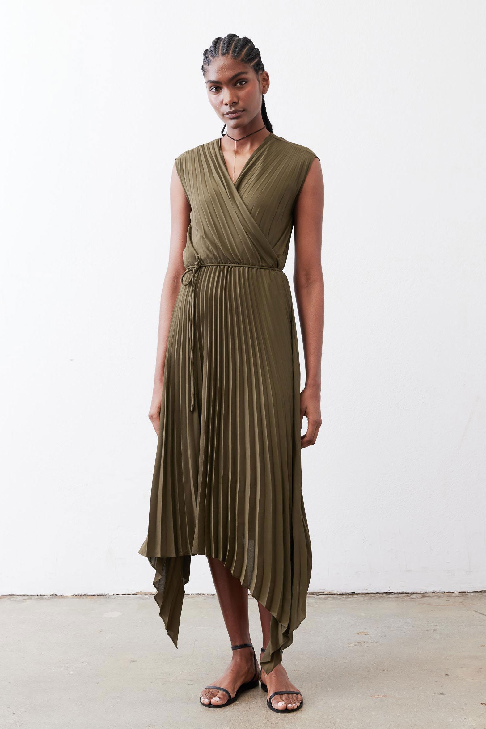 Perfect Pleated Wrap Dress Olive / XS Perfect Pleated Wrap Dress Olive / XS