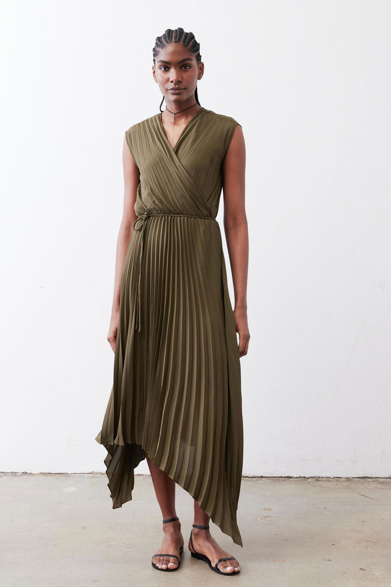 sleeveless wrap dress Perfect Pleated Wrap Dress Olive / XS