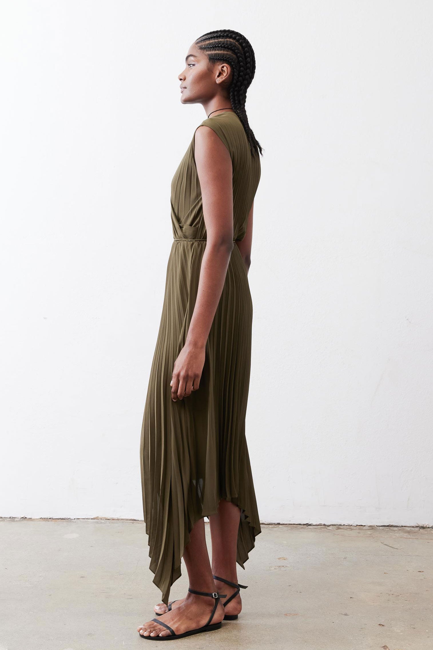 sleeveless pleated dress Perfect Pleated Wrap Dress Olive / XS