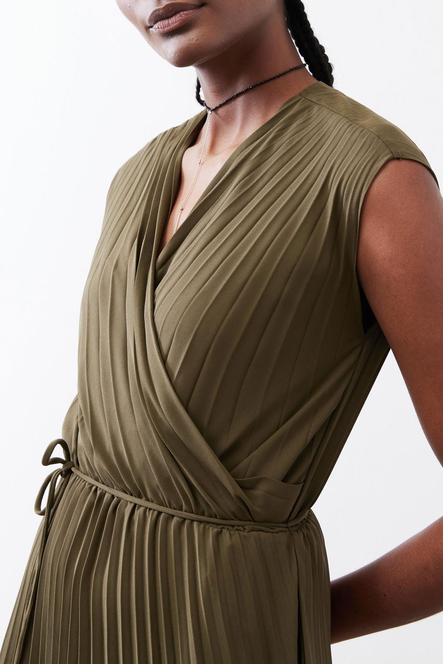 v neck pleated dress Perfect Pleated Wrap Dress Olive / XS