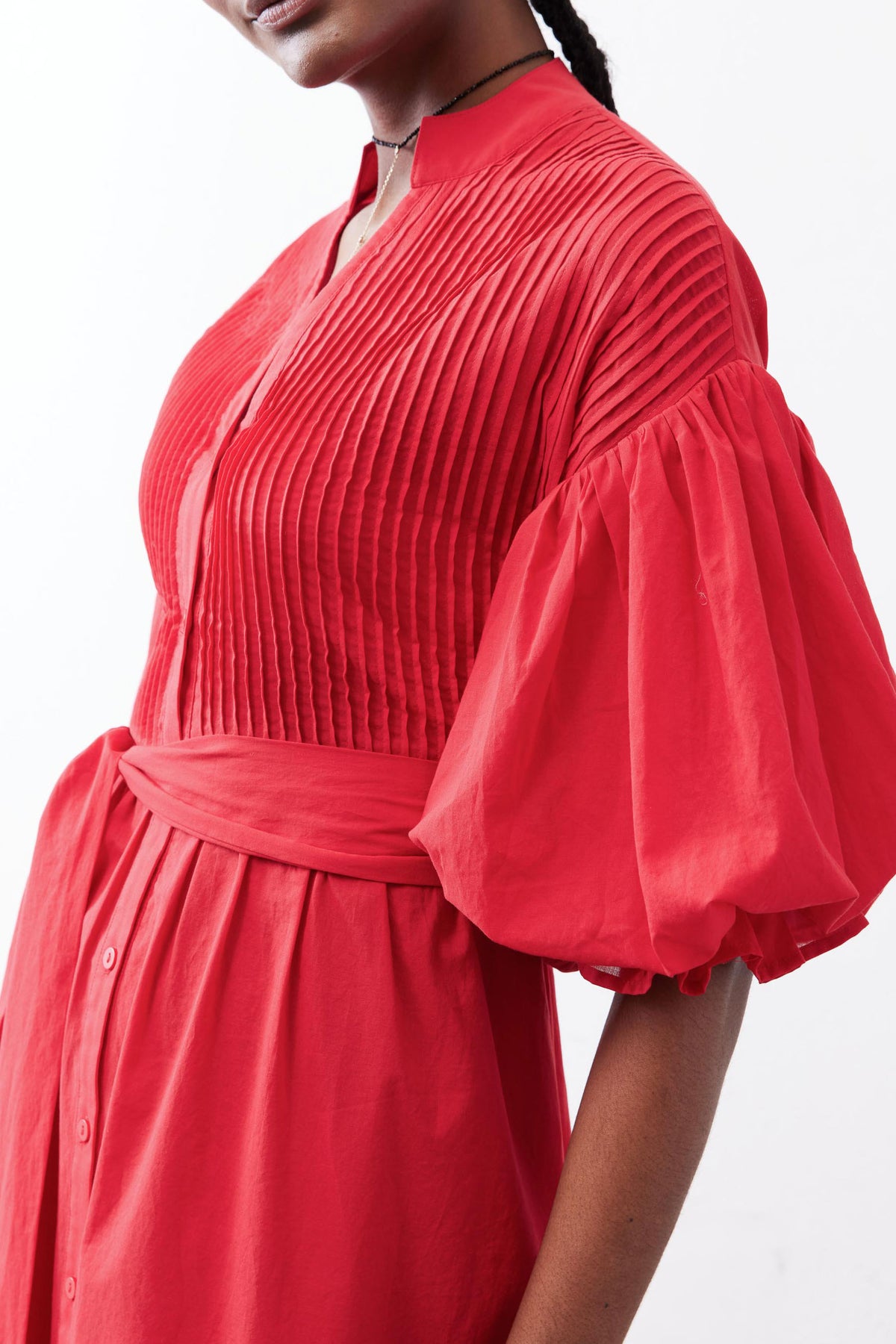 Crimson pintuck poplin dress with puff sleeves and gathered waist