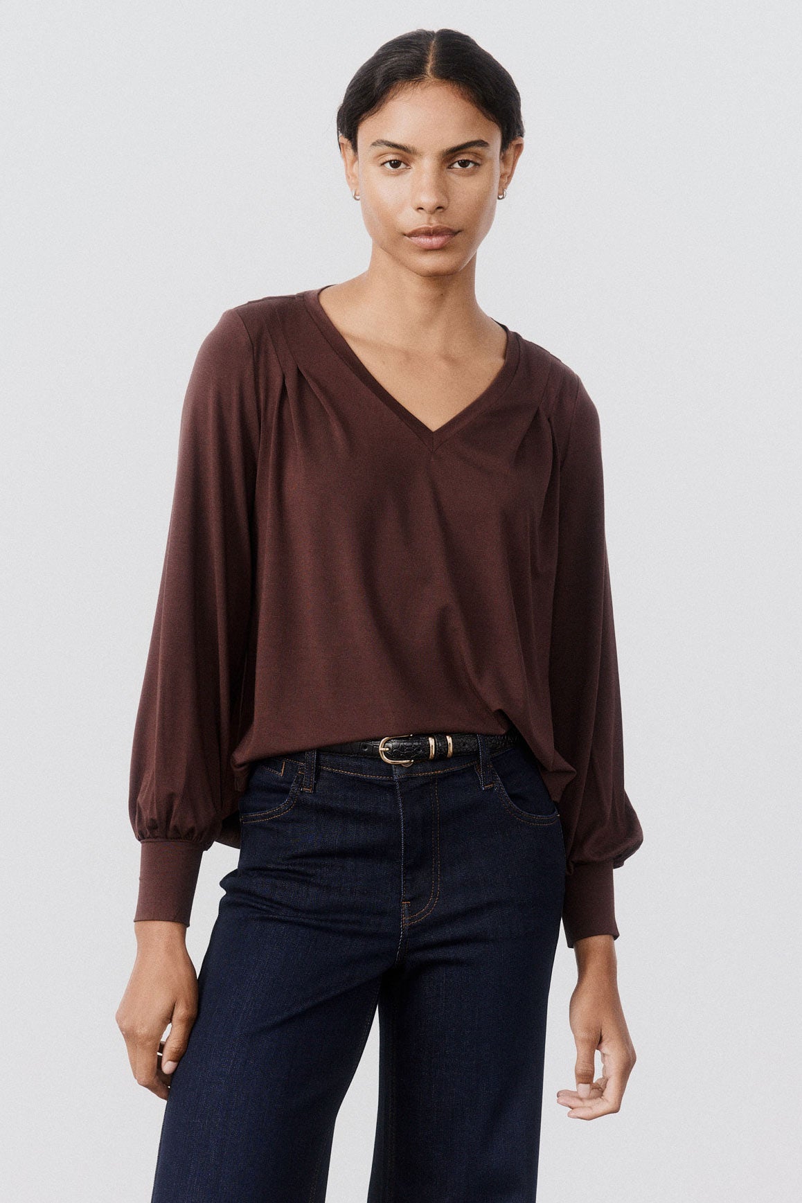 Pleat Detail Long Sleeve V Neck