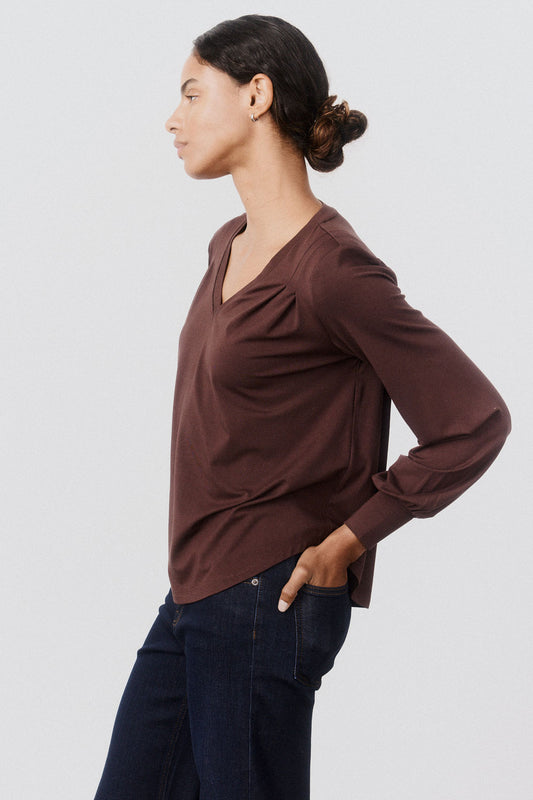 Pleat Detail Long Sleeve V Neck