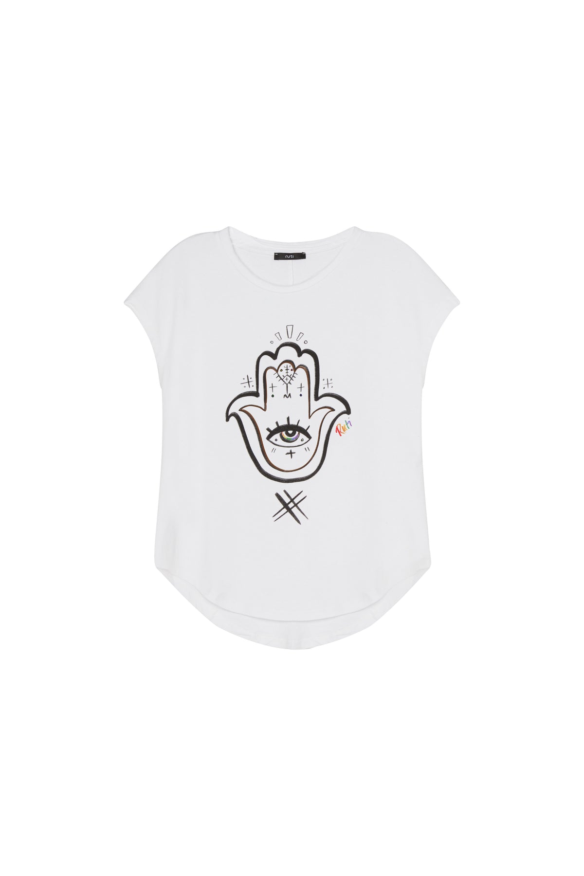 White crewneck tee with black Hamsa hand-eye graphic on the center front