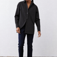 Black asymmetric button-down shirt with chest pocket, pointed collar, long sleeves.