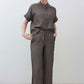 Charcoal striped linen wide-leg pants with drawstring waist and full-length legs