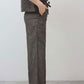 Charcoal pinstripe linen wide-leg pants with ankle-length wide legs and ties