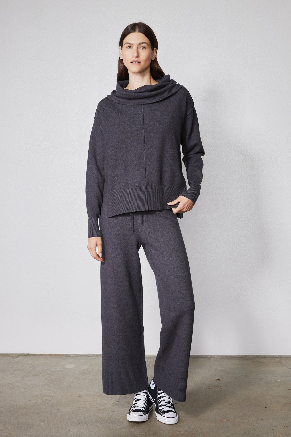 Charcoal sweater lounge set with draped cowl hoodie and wide-leg drawstring pants