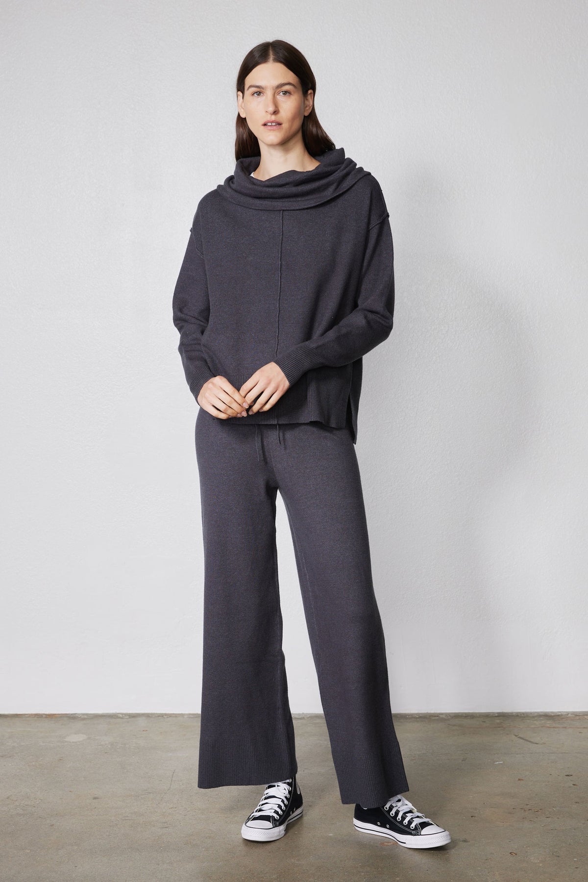 Charcoal cowl-neck sweater and wide-leg lounge pants with drawstring, full view