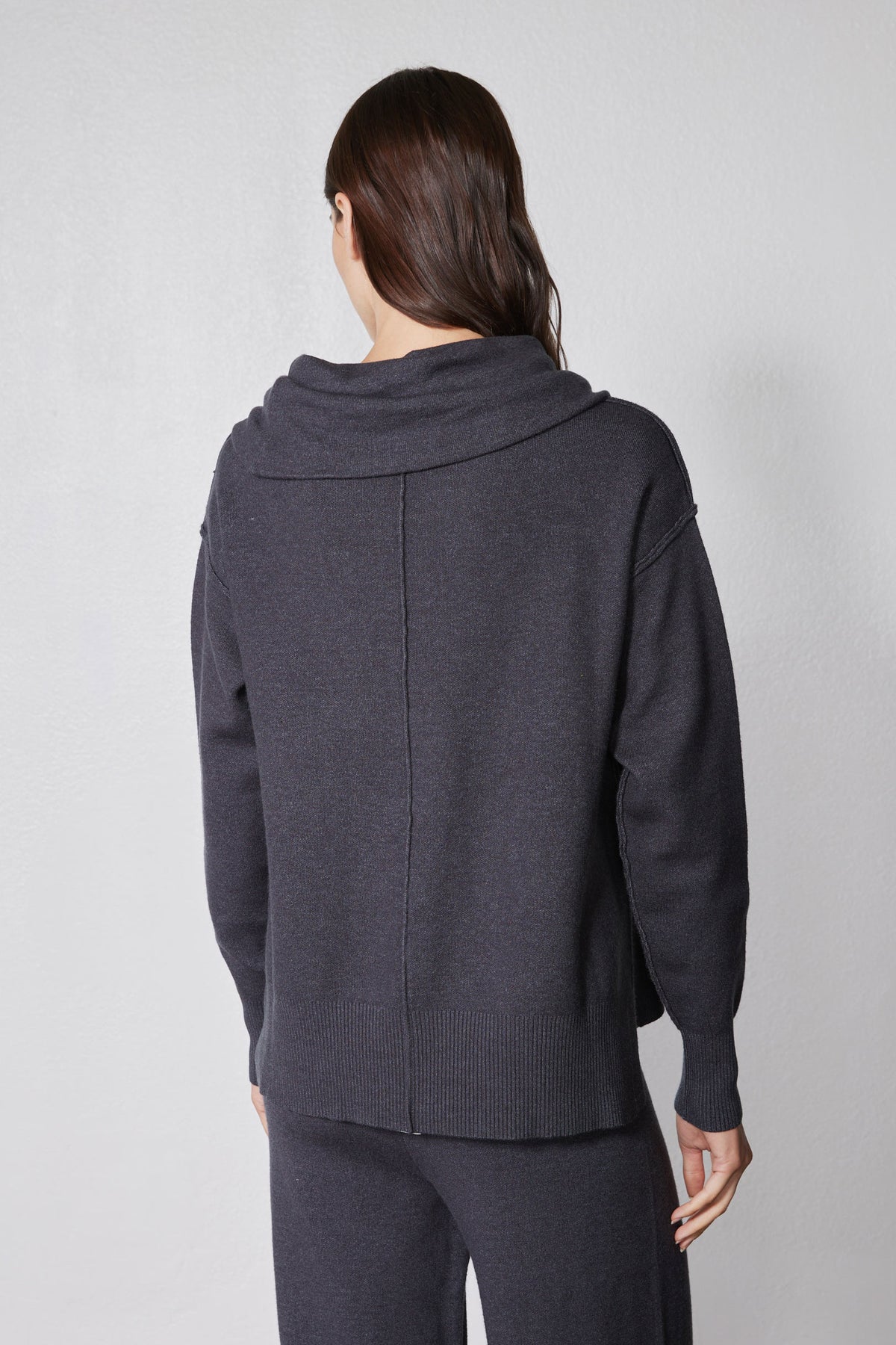 Charcoal back view of cowl hoodie sweater and wide-leg lounge pants