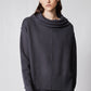 Charcoal cowl-neck sweater and wide-leg lounge pants, front view