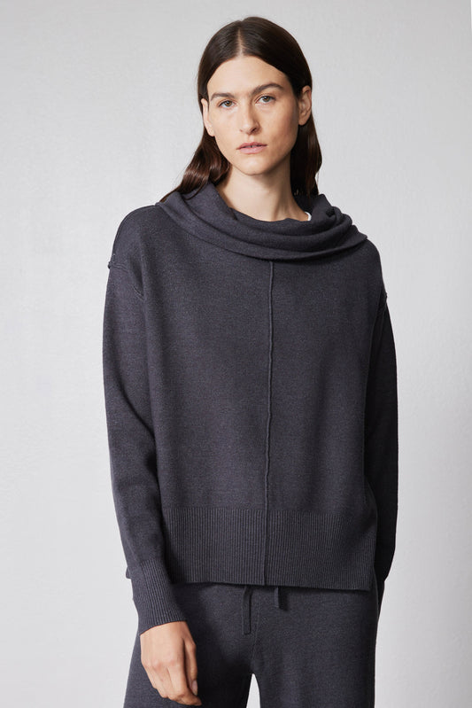 Charcoal cowl-neck sweater and wide-leg lounge pants, front view