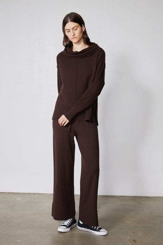 Chocolate plum lounge sweater with cowl neck and wide-leg drawstring pants set