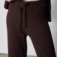Chocolate plum drawstring waist lounge pants with bow tie, front close-up