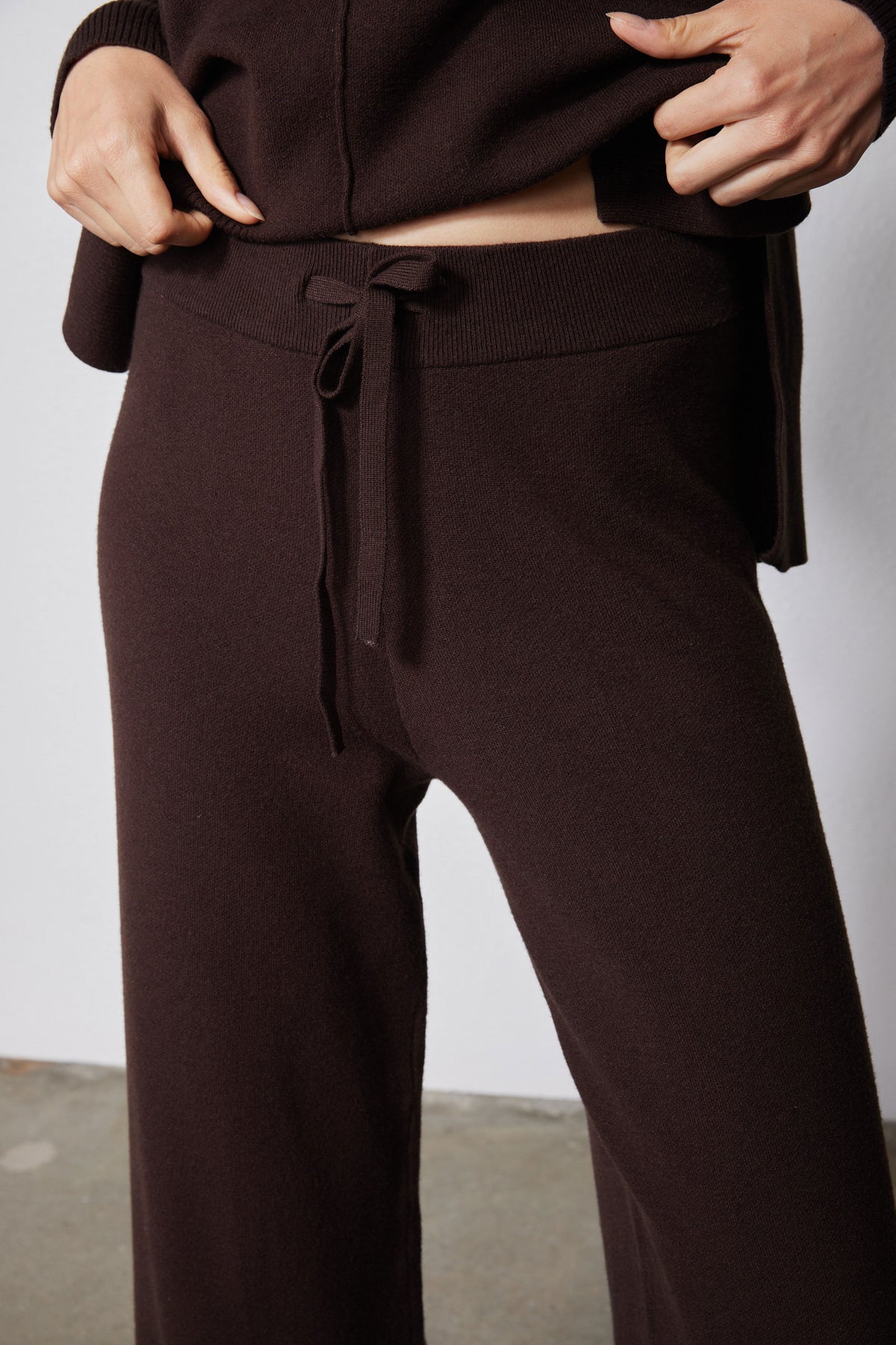 Chocolate plum drawstring waist lounge pants with bow tie, front close-up