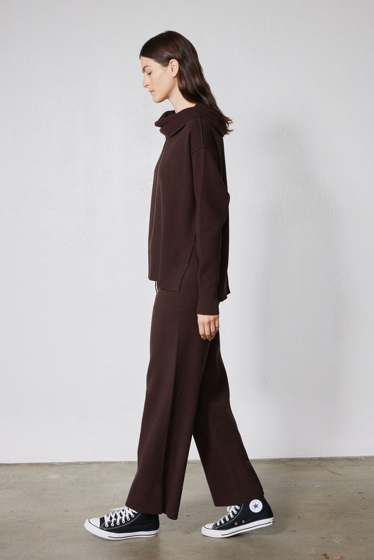 Chocolate plum lounge set: cowl-neck sweater and wide-leg drawstring pants, side view