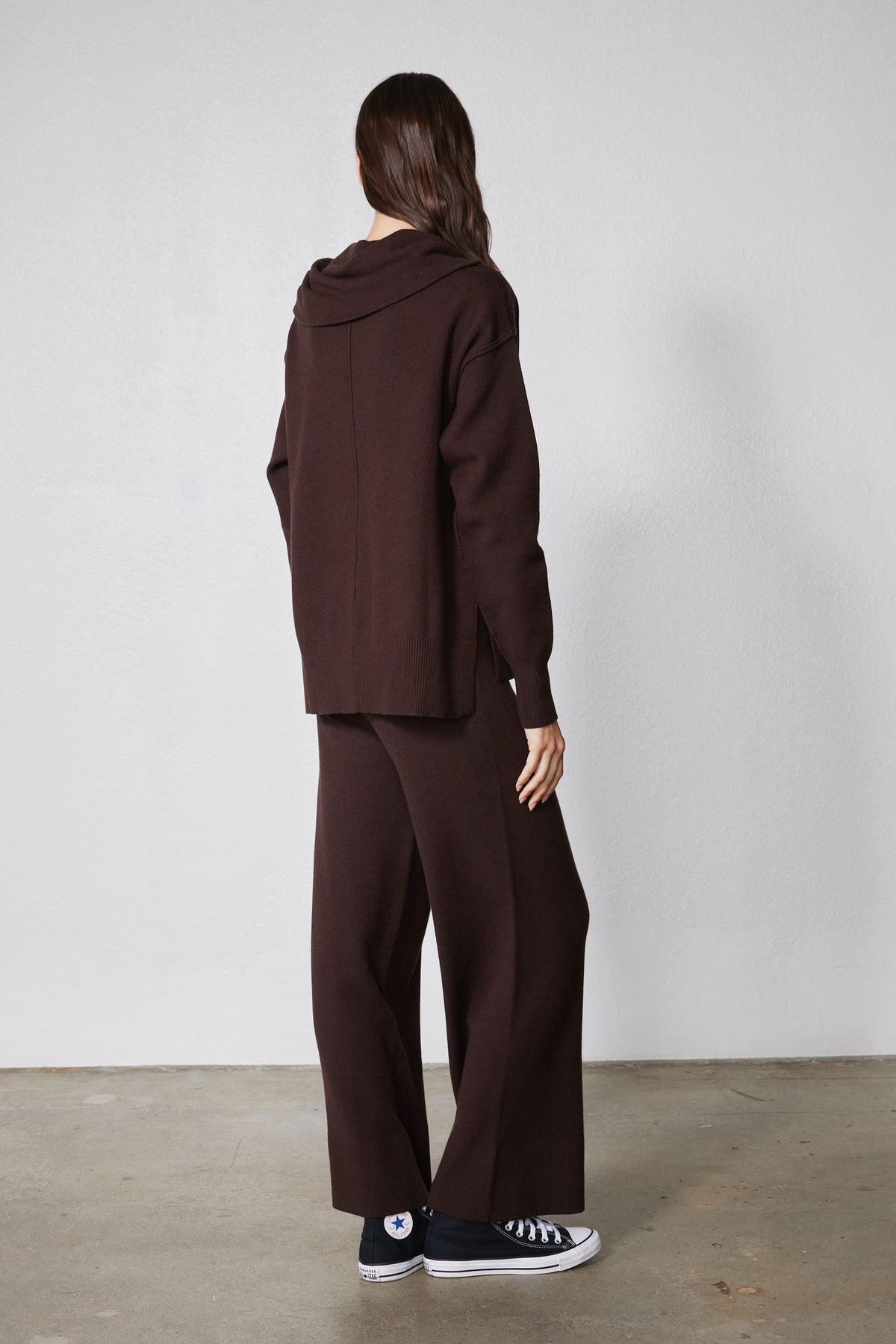Chocolate plum lounge set with cowl-neck sweater and wide-leg drawstring pants, back view