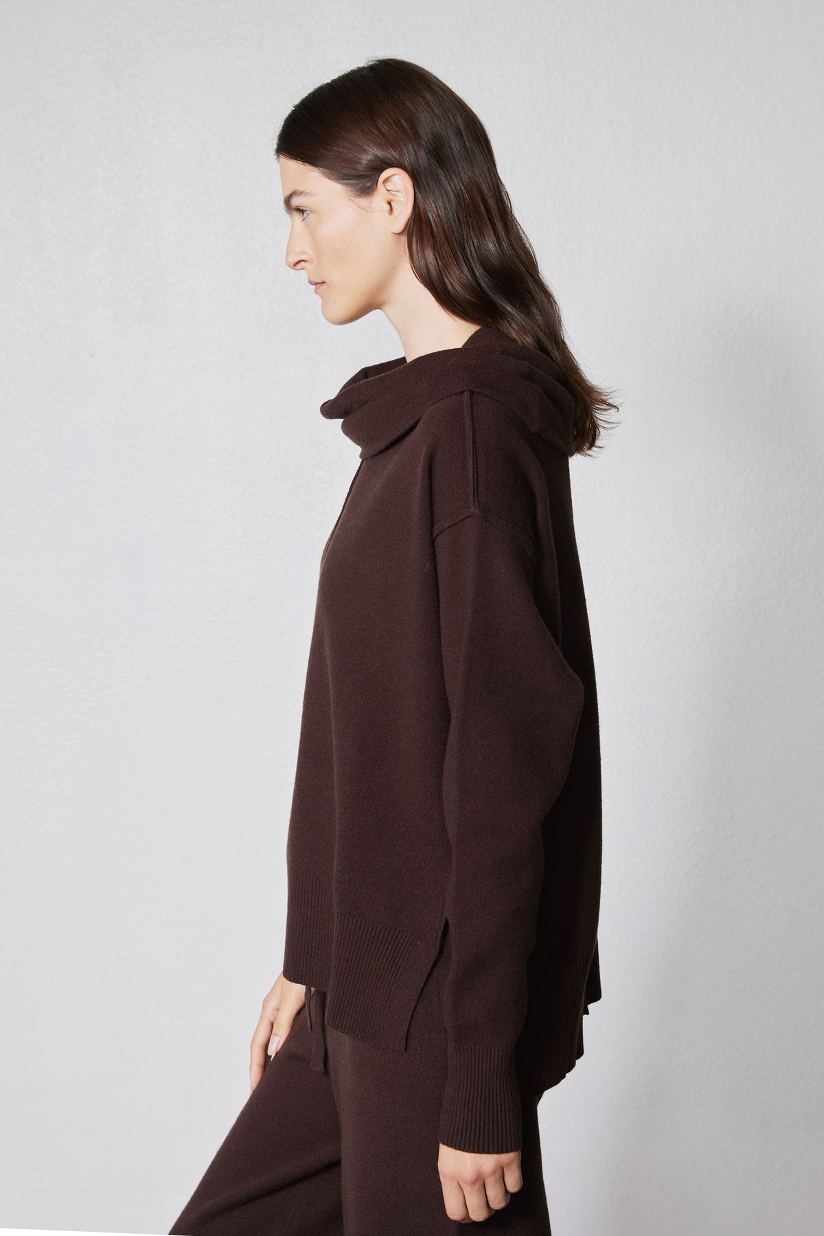Chocolate plum cowl-neck sweater with long sleeves, draped hood detail, side view