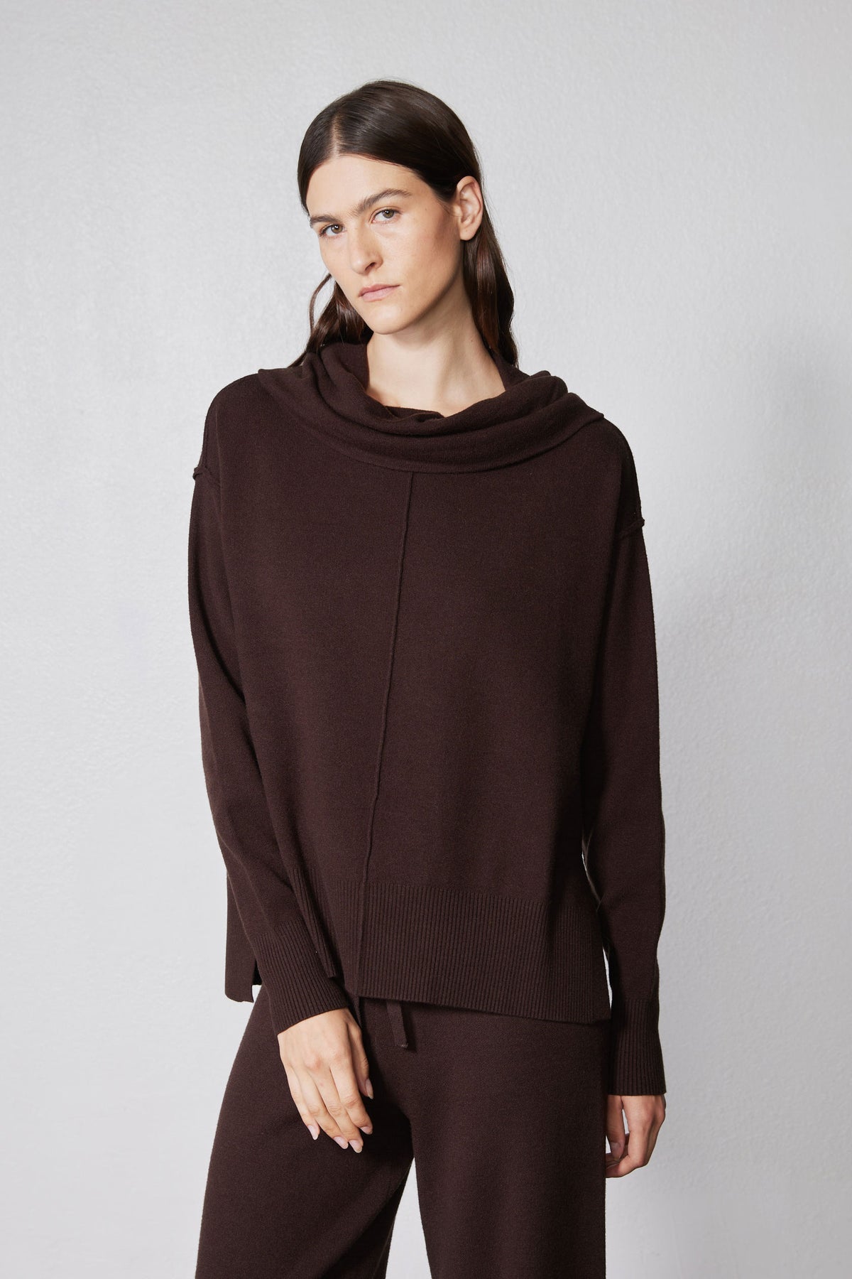 Chocolate plum lounge sweater with cowl neck and long sleeves, paired with drawstring pants