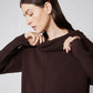 Chocolate plum cowl-neck sweater detail with draped collar and long sleeves