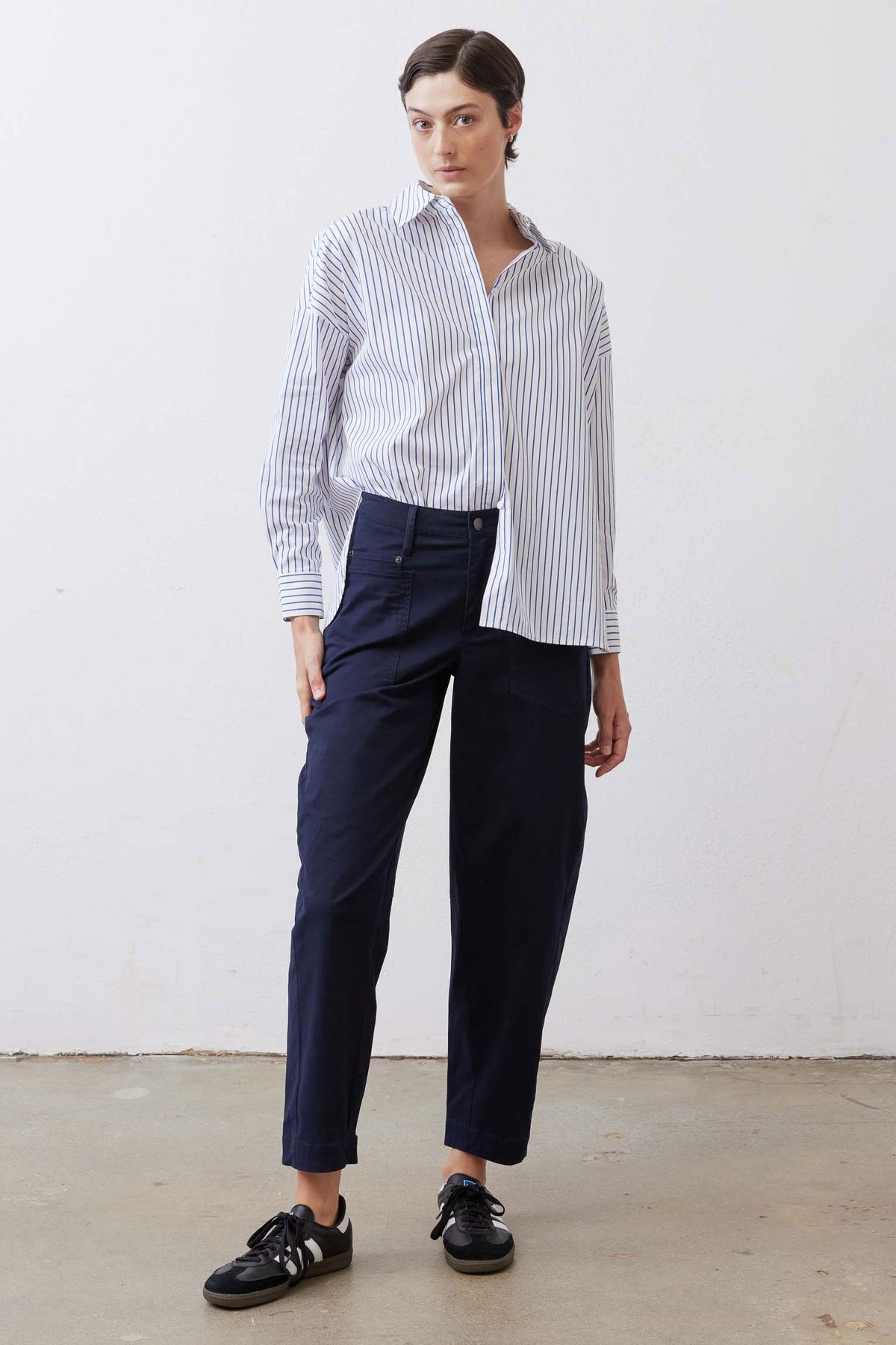 White and navy striped oversized tunic with collared neckline, button front, long sleeves