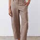 Walnut-brown cargo barrel pants with front patch pockets and elastic waistband