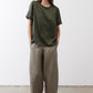 Relaxed forest green silk top, crew neck, short sleeves, straight hem