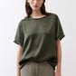 Relaxed forest green silk crew-neck top with short sleeves, front view