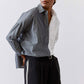 Striped button-down blouse, vertical gray-and-white stripes with point collar