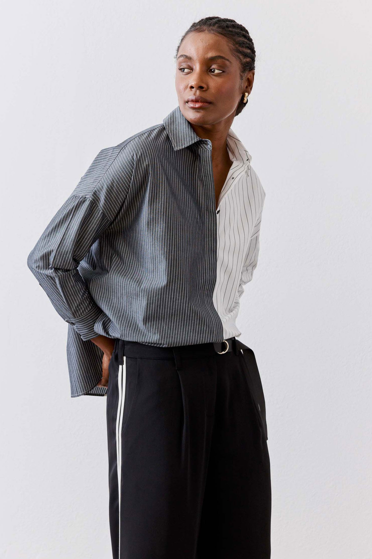 Striped button-down blouse, vertical gray-and-white stripes with point collar