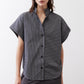 Gray striped button-up blouse with short sleeves and collared neckline