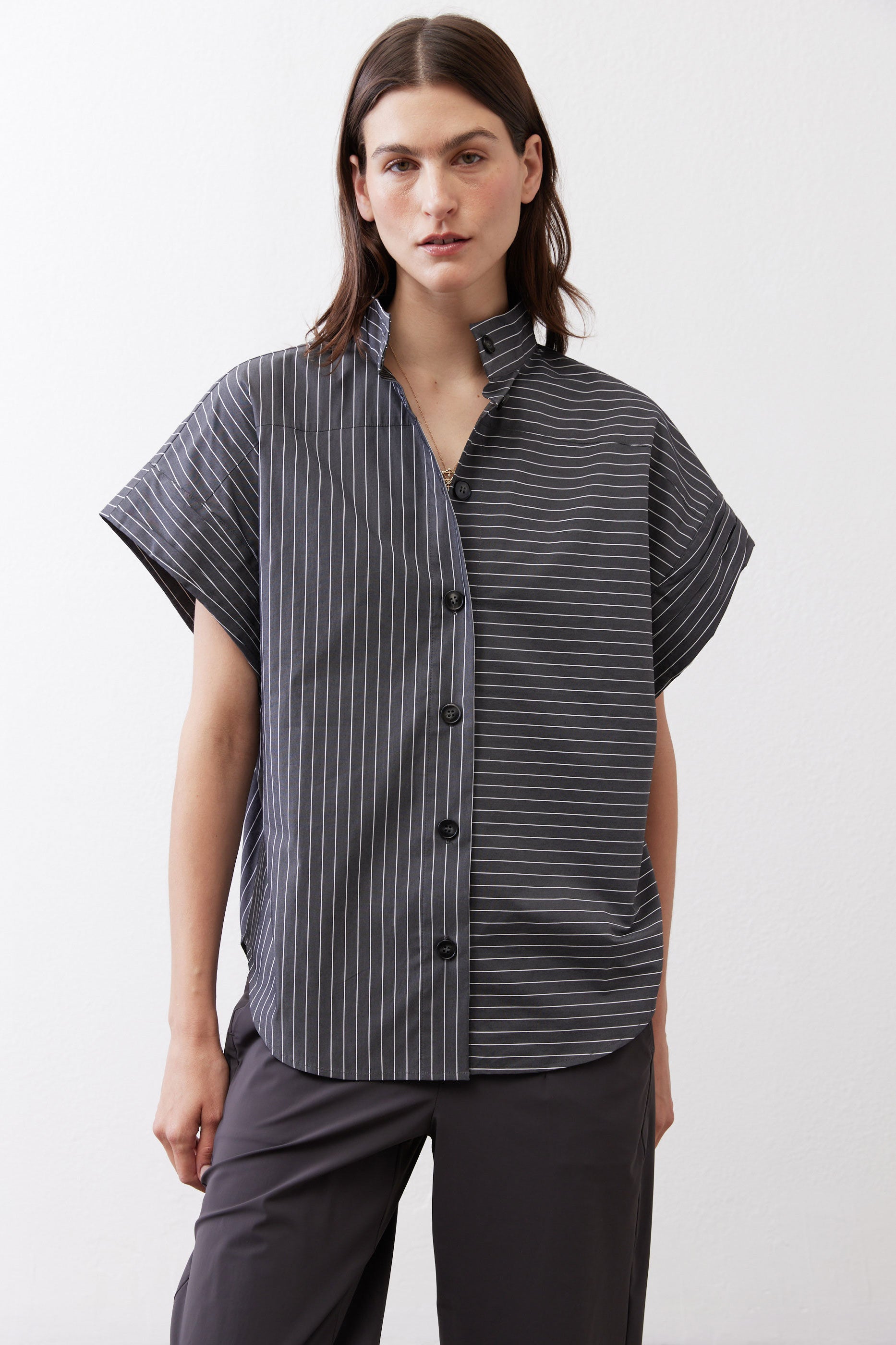 Gray striped button-up blouse with short sleeves and collared neckline