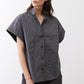 Gray striped button-up blouse with short sleeves and front button placket