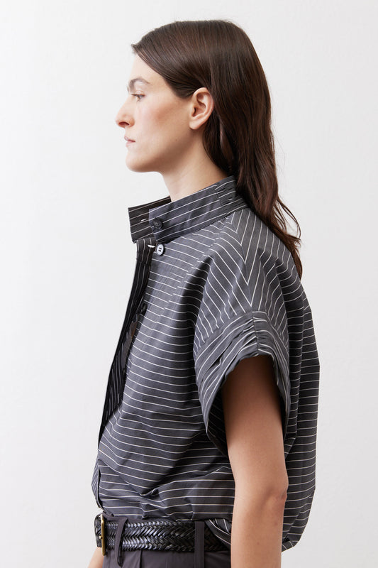 Gray striped button-up blouse with draped shoulder and short loose sleeves