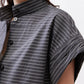 Gray striped blouse close-up with stand collar and button placket