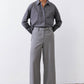 Gray-and-white striped button-down blouse, long sleeves, button front