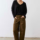 Black ribbed dolman long sleeve top with V-neck, loose drape and cuffs