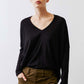 Black ribbed dolman long sleeve top, V-neckline and relaxed fit