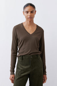 Olive-brown ribbed V-neck long-sleeve top, close front view