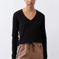 Black ribbed long-sleeve V-neck top with deep V neckline and smooth cuffs