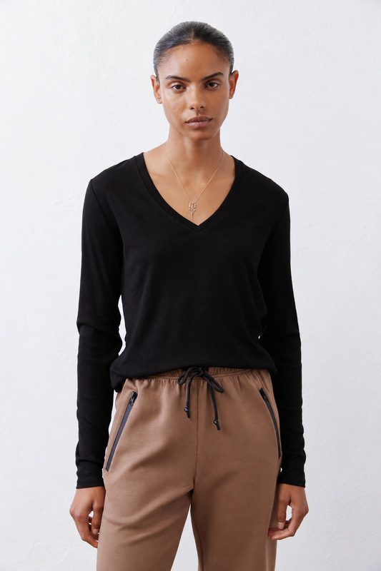 Black ribbed long-sleeve V-neck top with deep V neckline and smooth cuffs