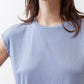 Light blue ribbed crew-neck tee with short sleeves, close-up knit texture