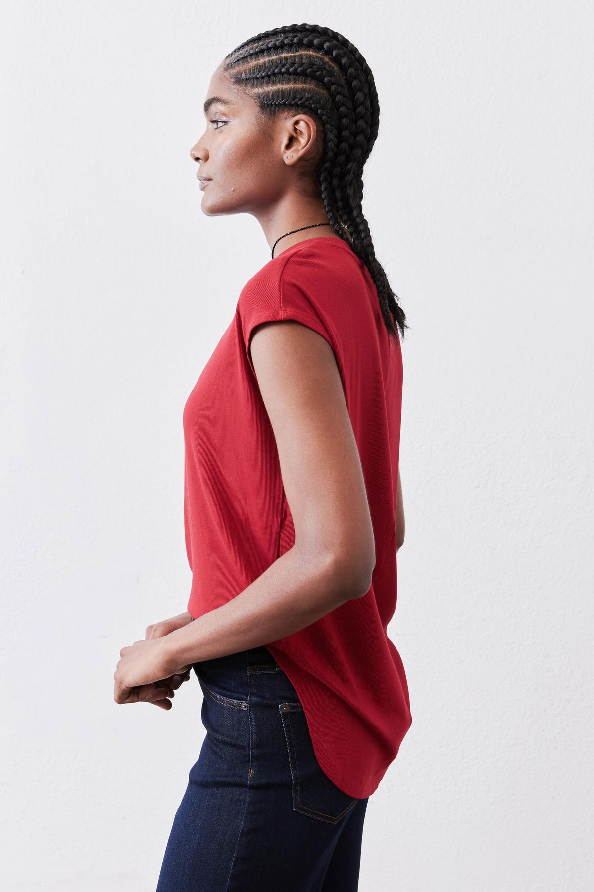 Garnet red crew-neck tee, short sleeves, side profile