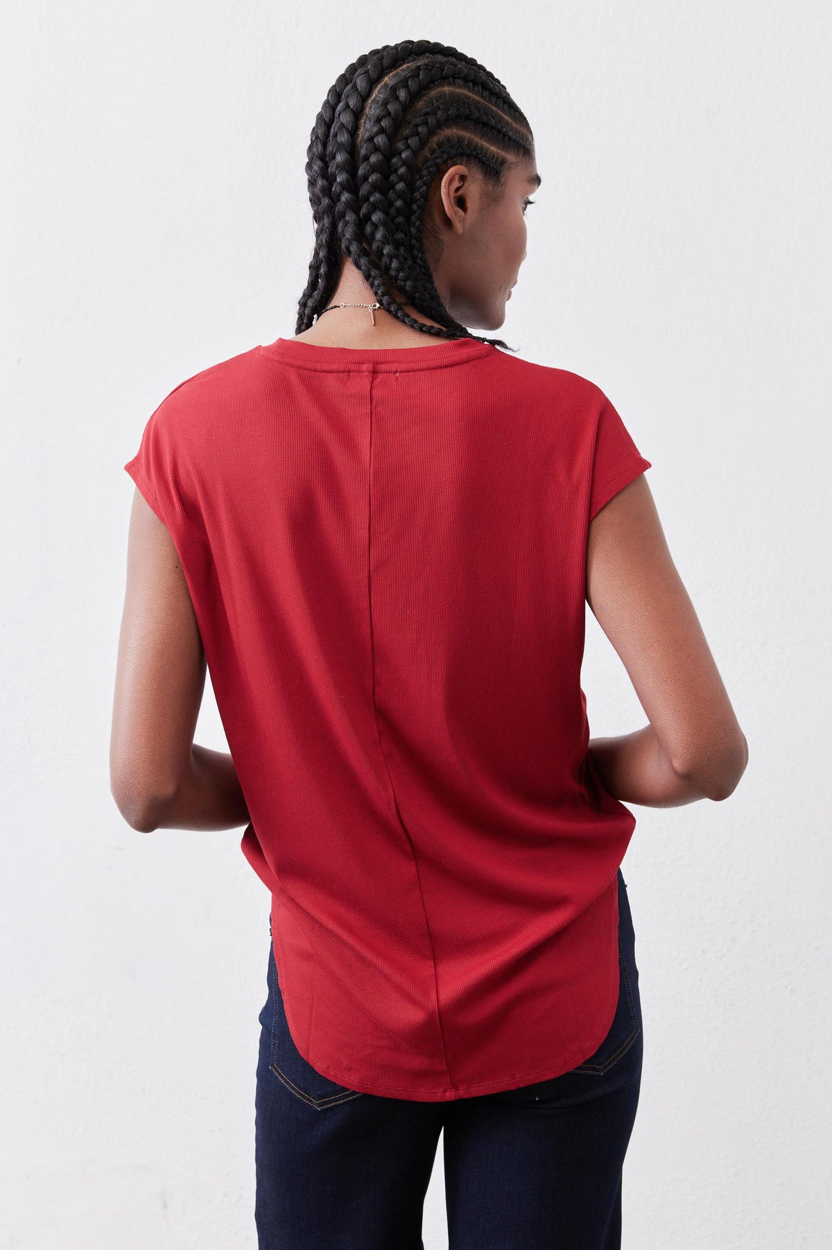 Garnet red tee, crew neck, back view with center seam, short sleeves