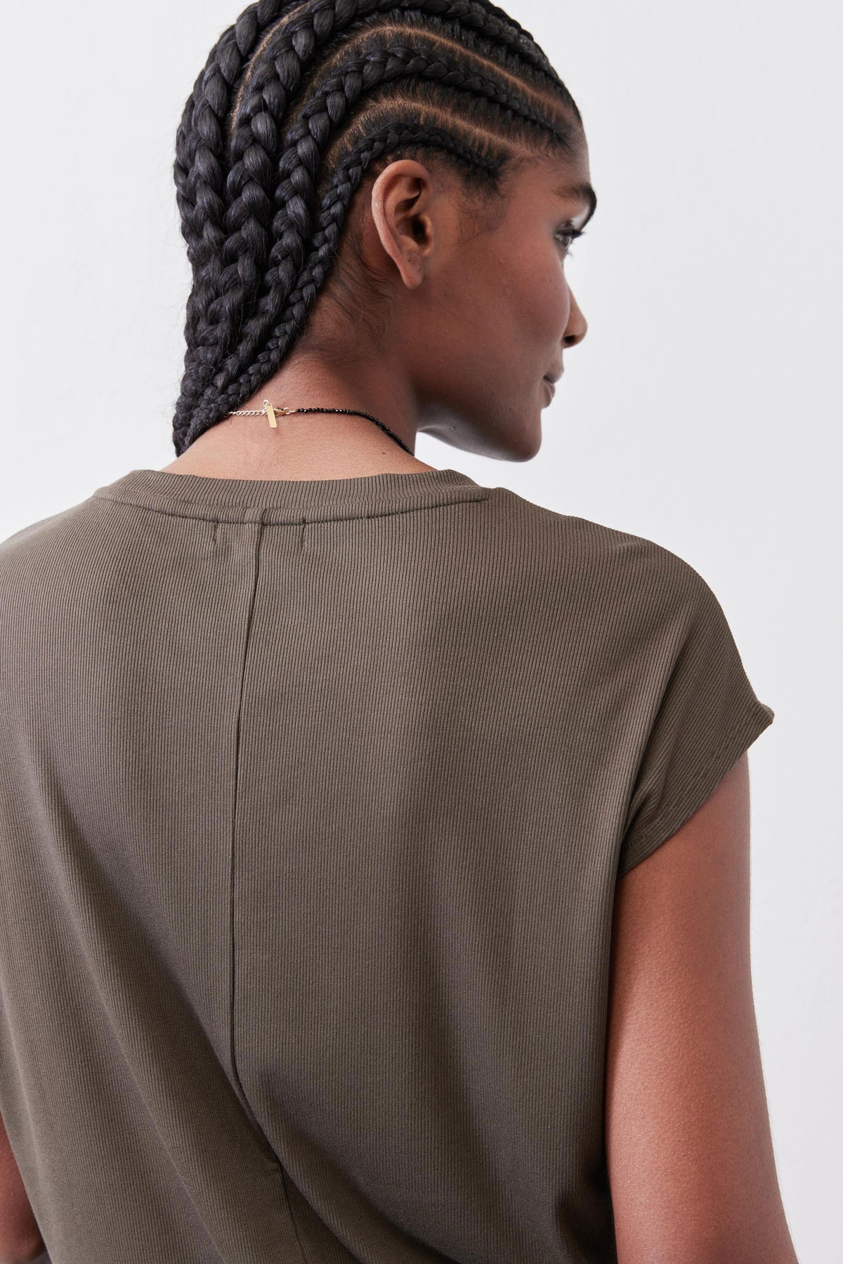 Olive crewneck tee back view with center seam detail and short sleeves